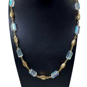 Vintage St John Gold Tone Iridescent Glass Bead Necklace Hammered Textured 40"